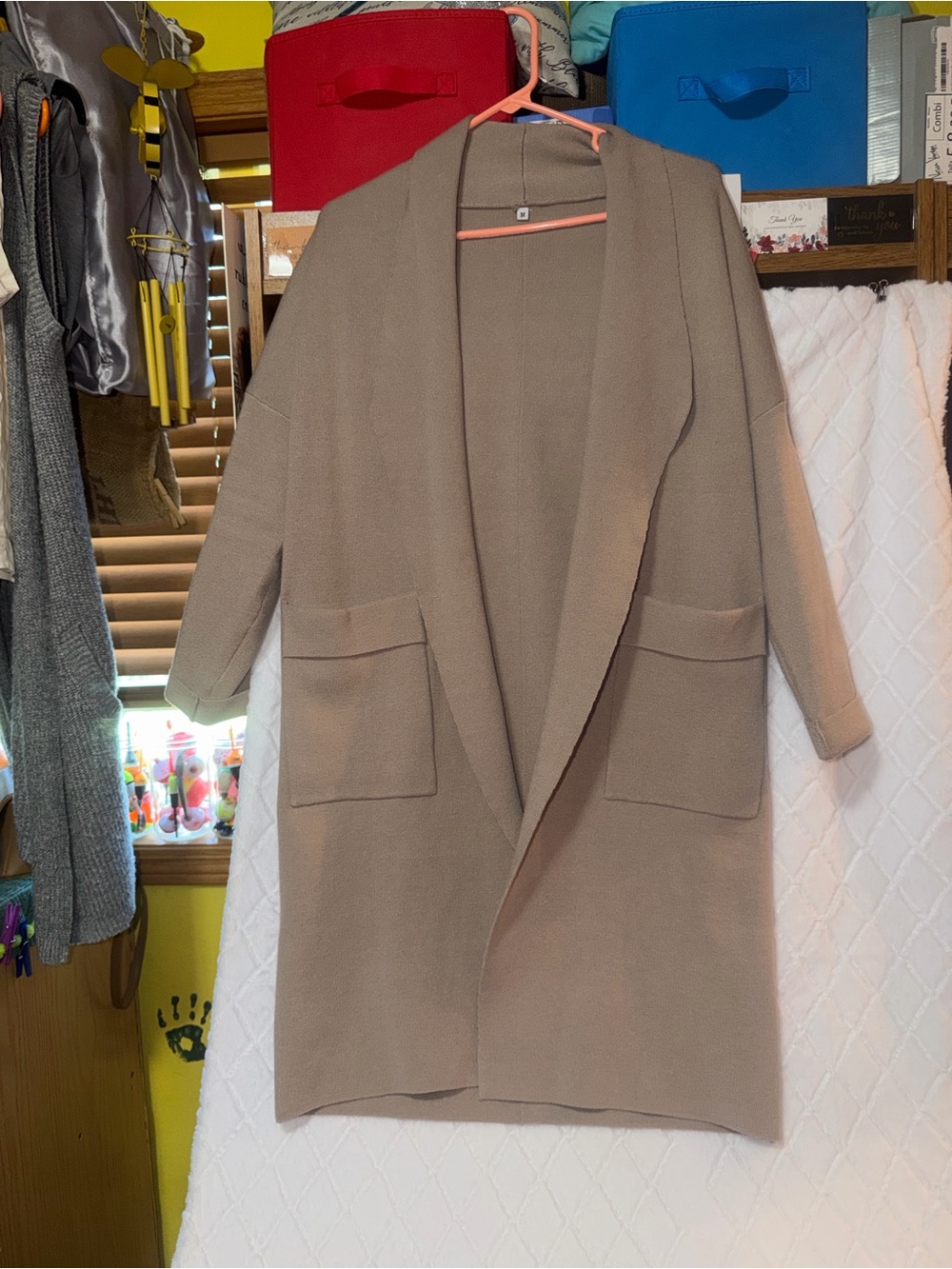 Long Open Front Heavier weight Sweater Cardigan in Soft Beige - Picture 10 of 12